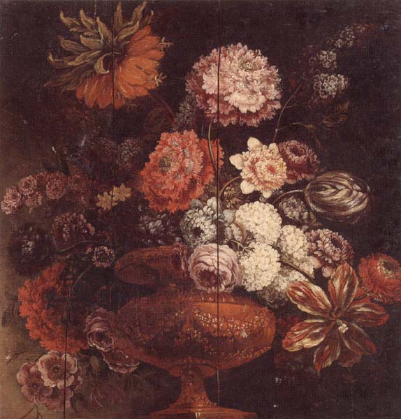 Still life of chrysanthemums,lilies,tulips,roses and other flowers in an ormolu vase